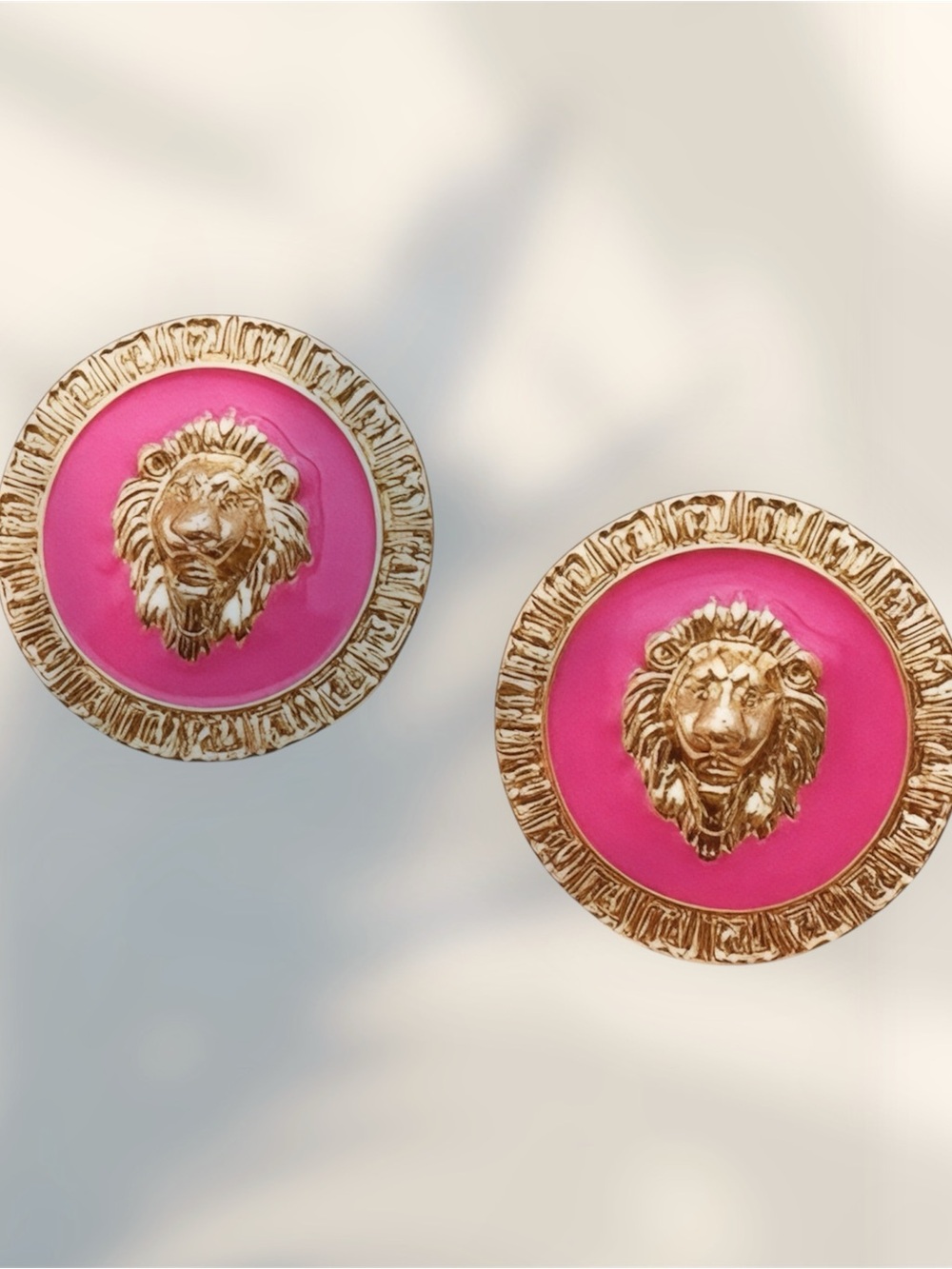 Anthropologie Gold Lion Medallion Earrings with Hot Pink Centers